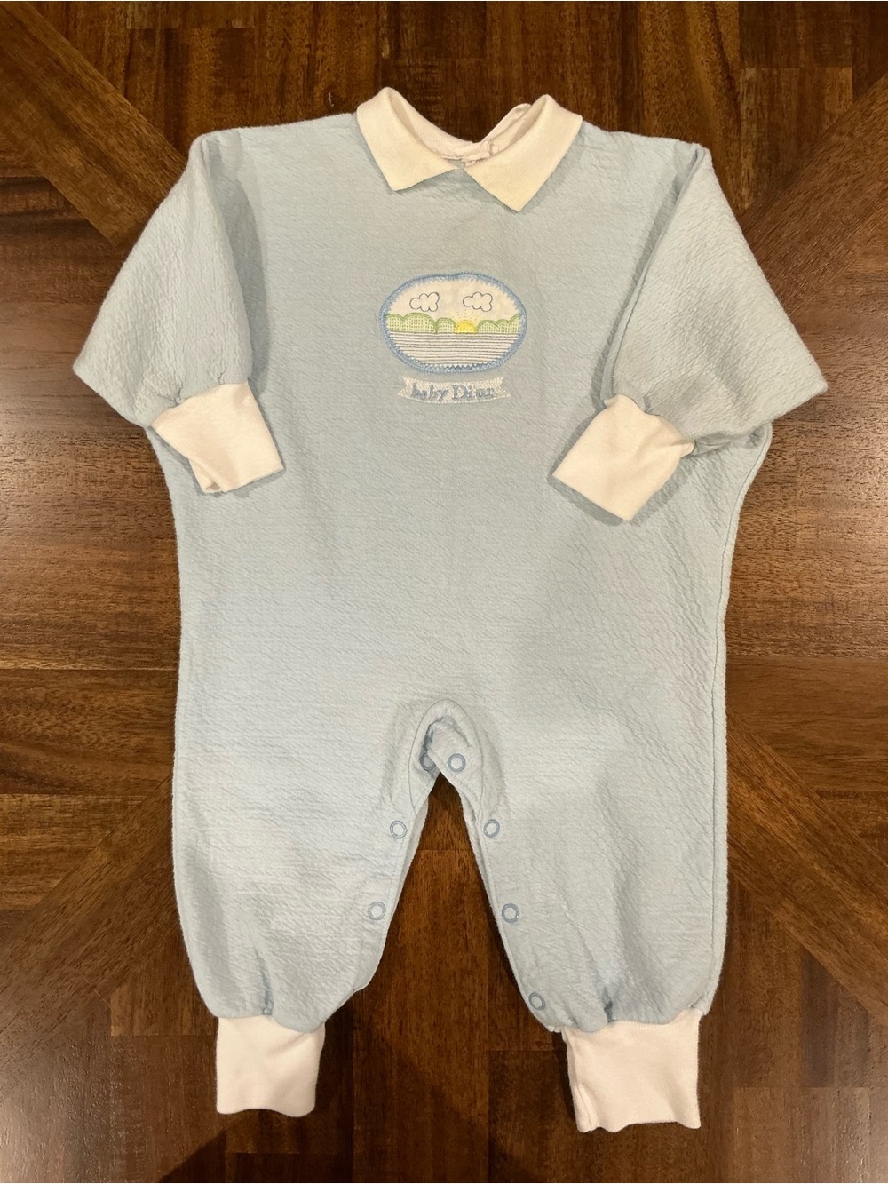 Vintage Baby Dior 12 Months Light Blue Cotton One-Piece Romper